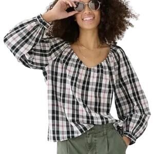 JCrew V-Neck Friday Plaid Long Sleeve Cotton Blend Top Size Medium